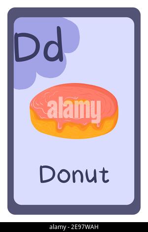 ABC Lernkarte, Buchstabe D - Donut. Cartoon Vektorgrafik. Isolierte Vektor Clip Art. Lebensmittel Alphabet Vorlage. Stock Vektor