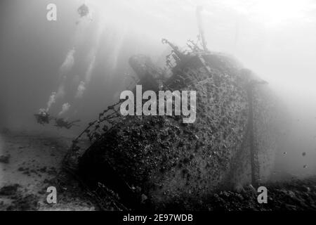 SS Thistlegorm in der Straße von Gobal im Roten Meer, Ägypten. Sie wurde am 6. Oktober 1941 von zwei Deutschen Heinkel He 111 versenkt Stockfoto