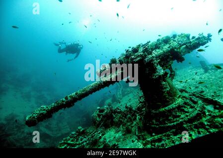 SS Thistlegorm in der Straße von Gobal im Roten Meer, Ägypten. Sie wurde am 6. Oktober 1941 von zwei Deutschen Heinkel He 111 versenkt Stockfoto