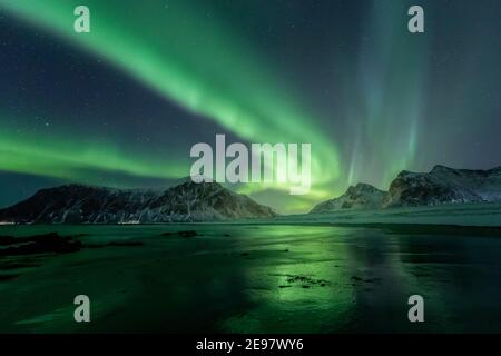 Nordlichter am Nachthimmel. Aurora Borealis über Skagsanden Strand auf den Lofoten Inseln. Nordnorwegen. Der Sternenhimmel im Winter. Stockfoto