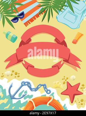 Vector Banner Sommerurlaub und Reise-Design. Die Inschrift Hello Summer, ein schwimmendes Boot, ein fliegendes Flugzeug auf dem Hintergrund des Mondes. Stock Vektor