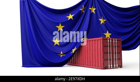 Flagge der Europäischen Union drapiert über einem kommerziellen Reedereicontainer. 3D Rendering Stockfoto