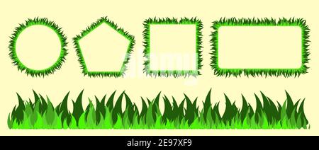 Grasrahmen-Set. Rawn Border Kollektion in verschiedenen Formen. Grüne Blätter Design in Linie, Quadrat, Rechteck und Kreis Hintergründe. Vektor-Abb. Stock Vektor