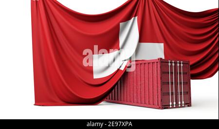 Schweiz Flagge drapiert über einem kommerziellen Container. 3D Rendering Stockfoto