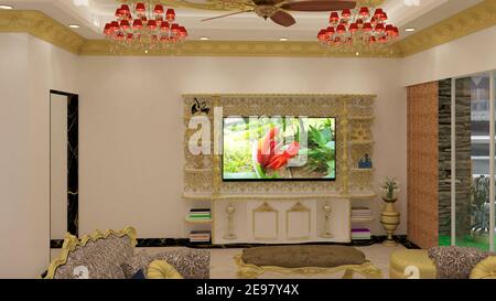 3D Render Illustration klassischen Stil Wohnzimmer tv-Einheit. Weiß, schwarz und Gold Thema klassische Kombinationen. Stockfoto