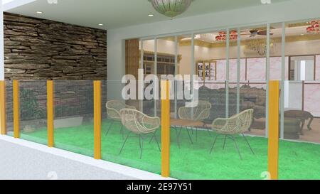 3D Render Illustration klassisch Stil Balkon mit Wohnzimmer. Weiß, schwarz und Gold Thema klassische Kombinationen. Stockfoto