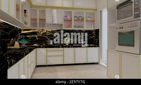3D Render Illustration klassischen Stil Küche. Weiß, schwarz und Gold Thema klassische Küche.
