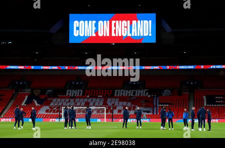 Datei Foto vom 18-11-2020 von England Spieler auf dem Spielfeld vor dem UEFA Nations League Group A2 Spiel im Wembley Stadium, London. Ausgabedatum: Mittwoch, 3. Februar 2021. Stockfoto