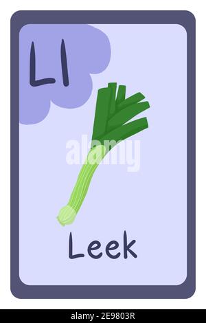 ABC Bildung Flash-Karte in Cartoon-Stil auf bunten Hintergrund. Buchstabe L - Lauch. Grünes Gemüse, Zwiebel. Vektorgrafik Alphabet. Stock Vektor