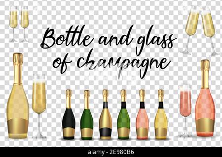 Big Collection Set von realistischen 3D Champagner Golden, Pink und Grün Flasche und Glas isoliert auf transparentem Hintergrund. Vektorgrafik Stock Vektor