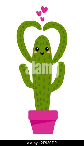 Kaktus zeigen Herz mit ihren Armen - Cute Hand gezeichnet Kaktus paar Illustration kawaii Stil. Farbiges Poster zum Valentinstag. Gut für Poster, Begrüßung ca. Stock Vektor
