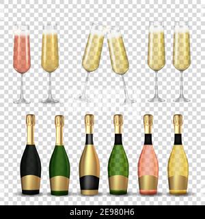 Big Collection Set von realistischen 3D Champagner Golden, Pink und Grün Flasche und Glas isoliert auf transparentem Hintergrund. Vektorgrafik Stock Vektor