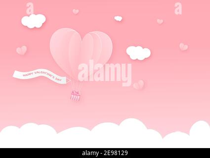 Alles Liebe zum valentinstag. Illustration von Herz-Luft-Balloon schweben über rosa Himmel Hintergrund und Wolken Stock Vektor