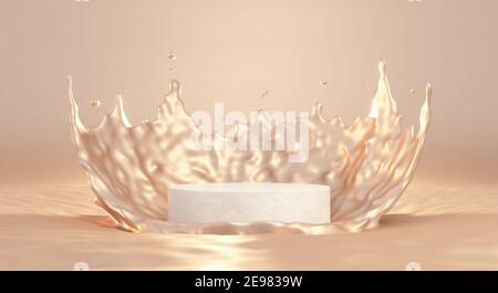 3D beige Podest Podium mit Flüssigkeit Spritz Krone. 3D Rendern des cometic-Produktmockup. Stockfoto