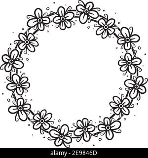 Vektor-Illustration eines Blumenkranzes in schwarzer Linie auf weißem Hintergrund. Stock Vektor