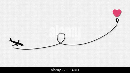 Liebe Flugzeug Route zum Zielpunkt rosa Herz. Romantische Reise, lustig, Herz, Flugzeug Route, Weg. Valentinskarte, Liebeskonzept, isoliert auf whit Stockfoto