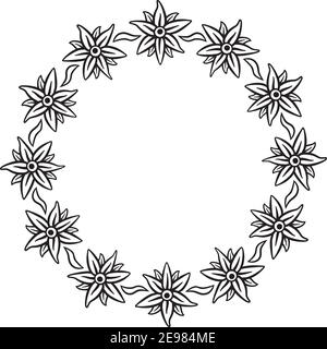 Vektor-Illustration eines Blumenkranzes in schwarzer Linie auf weißem Hintergrund. Stock Vektor