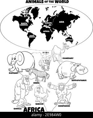 Schwarz und weiß pädagogische Karikatur Illustration von lustigen afrikanischen Tieren Und Weltkarte mit Kontinenten Formen ausmalen Buchseite Stock Vektor