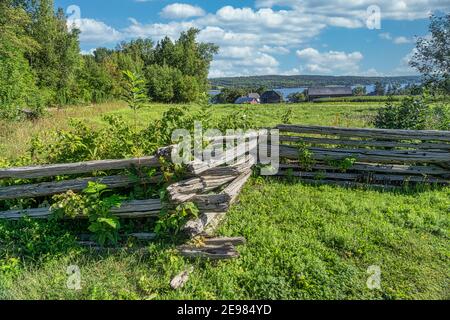 Alte gespaltene Schiene Zaun in einer pastoralen Landschaft. Stockfoto