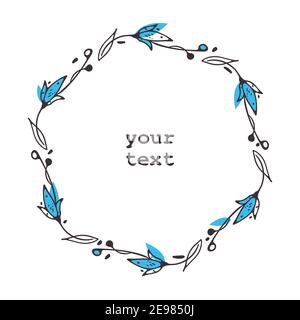 Handgezeichneter Kranz mit Doodle. Kreisförmige Rahmendarstellung im Linienstil der Skizzenfarbe. Bilder von Blättern, einfachen blauen Blumen, Äste, Schmace für Text Stock Vektor