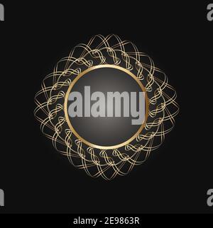 Goldener Rahmen mit Spitze Ornament im Kreis auf schwarzem Hintergrund. Art Deco. Luxus Gold rund Mandala, Handzeichnen Design. Ethno-Motiv. Abstrakter Vektor Stock Vektor