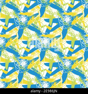 Abstrakte Seesterne nahtlose Vektor-Muster Hintergrund. Malerische Seesterne mit Scribble-Textur. Naive Stil blau gelben Hintergrund mit Hand gezeichnet Stock Vektor