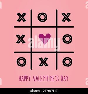 TIC tac Toe Spiel mit Kreuz und Herz Zeichen markieren Happy Valentines Tag Karte Rot Flat Design Vektor Illustration Stock Vektor