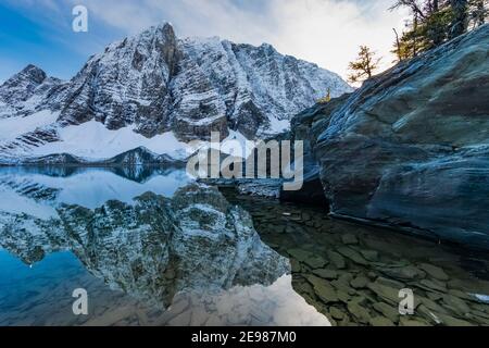 Floe Peak und die Rockwall gegenüber Floe Lake vom Floe Lake Campground, Kootenay National Park in den kanadischen Rockies, British Columbia, Kanada Stockfoto