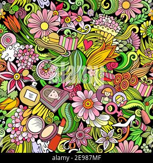 Cartoon Kritzeleien 8 März nahtlose Muster. Stock Vektor