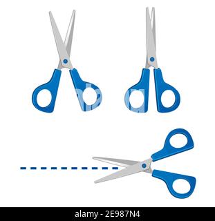 Satz blaue Schere. Symbole für offene und geschlossene Scheren. Schere entlang der Linie schneiden. Helle Objekte im flachen Stil. vektorgrafik. Stock Vektor