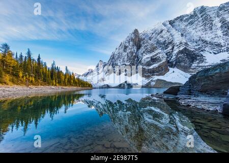 Floe Peak und die Rockwall gegenüber Floe Lake vom Floe Lake Campground, Kootenay National Park in den kanadischen Rockies, British Columbia, Kanada Stockfoto