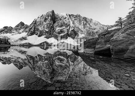 Floe Peak und die Rockwall gegenüber Floe Lake vom Floe Lake Campground, Kootenay National Park in den kanadischen Rockies, British Columbia, Kanada Stockfoto