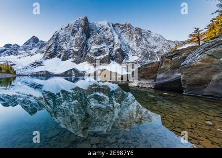 Floe Peak und die Rockwall gegenüber Floe Lake vom Floe Lake Campground, Kootenay National Park in den kanadischen Rockies, British Columbia, Kanada Stockfoto