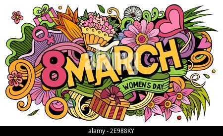 8 März handgezeichnete Cartoon-Kritzeleien Illustration. Witziges Urlaubsdesign. Stock Vektor