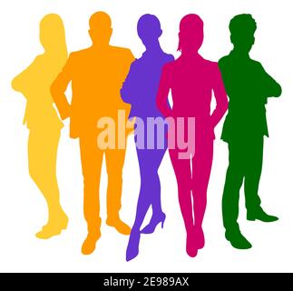 Bunte monochrome Silhouetten verschiedener Menschen als Teamarbeit im Unternehmen Konzept Stockfoto