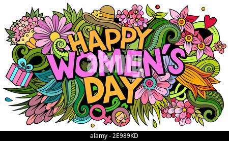 Happy Womans Day handgezeichnete Cartoon Kritzeleien Illustration. Witziges Urlaubsdesign. Stock Vektor