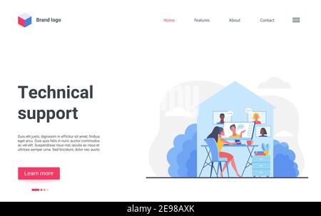 Vektordarstellung des technischen Supports. Cartoon Frau Betreiber Freiberufler Charakter zu Hause arbeiten, sitzen am Computer, Kommunikation mit Kunden, Customer Assistance Technology Landing Page Stock Vektor