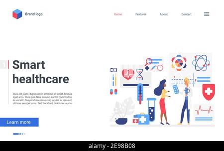 Intelligente Gesundheitsmedizin Service Vektor Illustration. Cartoon Arzt Charakter Beratung Frau Patient auf gesundheitliche Problem über das Internet, Online-Arzt Termin medizinische Technologie Landing Page Stock Vektor