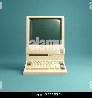 Beigefarbener Desktop-Computer im Retro-Stil der 1980er Jahre mit integriertem Bildschirm und Tastatur. 3D Abbildung. Stockfoto