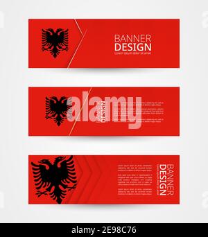 Set von drei horizontalen Fahnen mit Flagge Albaniens. Webbanner Design Vorlage in der Farbe der Albanien Flagge. Vektorgrafik. Stock Vektor