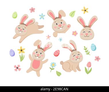 Osterhase Set mit niedlichen Blumen und Eiern. Handgezeichnete flache Cartoon-Elemente. Vektorgrafik Stock Vektor