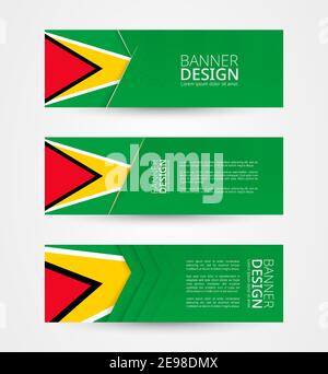 Set von drei horizontalen Banner mit Flagge von Guyana. Webbanner Design-Vorlage in der Farbe der Guyana-Flagge. Vektorgrafik. Stock Vektor