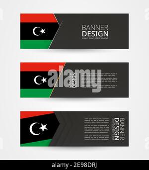 Set von drei horizontalen Banner mit Flagge Libyens. Web-Banner Design-Vorlage in der Farbe der Flagge Libyens. Vektorgrafik. Stock Vektor