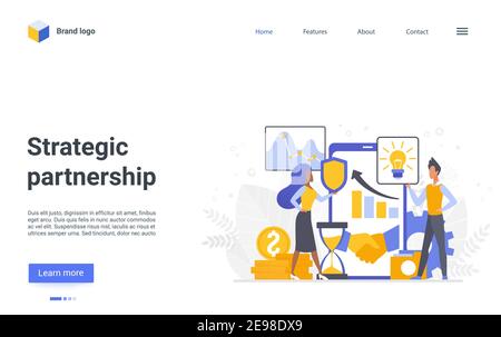 Strategische Parthnership Vektor Illustration. Cartoon winzigen Parthner Geschäftsmann, Geschäftsfrau Figuren stehen mit großen Smartphone mit Handshake auf dem Bildschirm, erfolgreiche Geschäftsstrategie Landing Page Stock Vektor