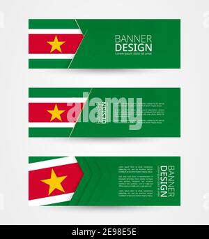 Set von drei horizontalen Banner mit Flagge von Suriname. Webbanner Design-Vorlage in der Farbe der Suriname-Flagge. Vektorgrafik. Stock Vektor