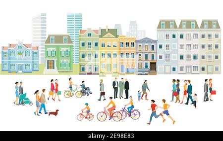 Familien und Menschen auf dem Bürgersteig Illustration Stock Vektor