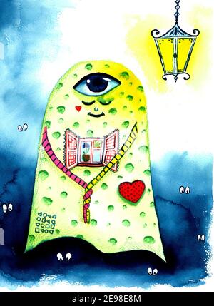 Fun Halloween Geist mit Laterne, niedlichen Hand gezeichnet Hintergrund. Halloween Kollektion. Stockfoto