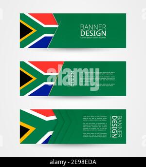 Set von drei horizontalen Banner mit Flagge von Südafrika. Webbanner Design Vorlage in der Farbe der südafrikanischen Flagge. Vektorgrafik. Stock Vektor