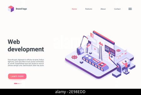 Web-Entwicklung Technologie isometrische Vektor Illustration. Cartoon 3D Entwickler-Coder-Team von Menschen arbeiten an Code, Gebäude Schaffung Schnittstelle mit kreativen Gerät, Website-Bau Landing Page Stock Vektor