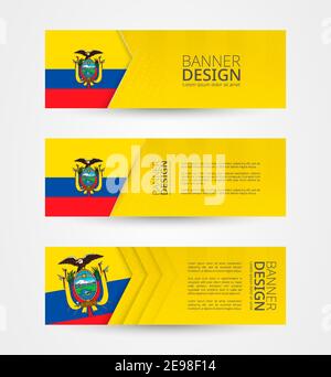 Set von drei horizontalen Banner mit Flagge von Ecuador. Webbanner Design Vorlage in Farbe der Ecuador Flagge. Vektorgrafik. Stock Vektor